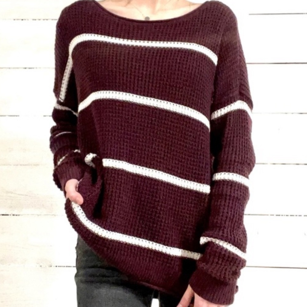 Hollister Maroon and White Striped Crew Neck Sweater